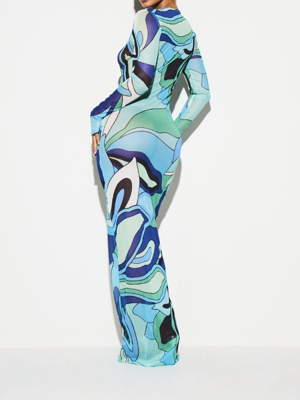 Multicolor Casual Women's Abstract Print Bodycon Long Sleeve Maxi Dress - Picture 2 of 5